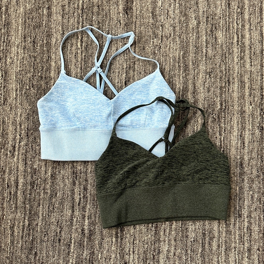 ALO Alosoft Yoga Strappy Sports Bras - Light Blue and Dark Green